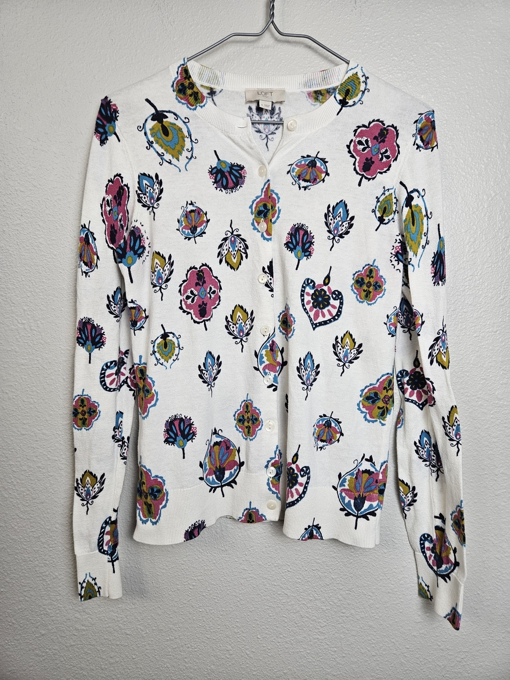 LOFT White Floral-Print Button Cardigan Sweater Small